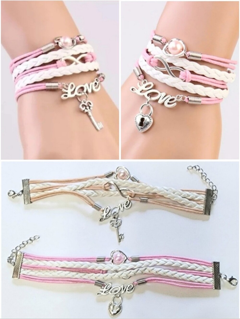 Friendship Bracelet Set of 2 Pc Love Key Lock Infinity Pearl Pink Rope Bracelet